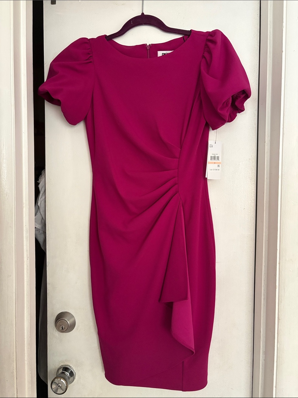 DKNY Fuchsia Puff-Sleeve Sheath Dress, size 2.